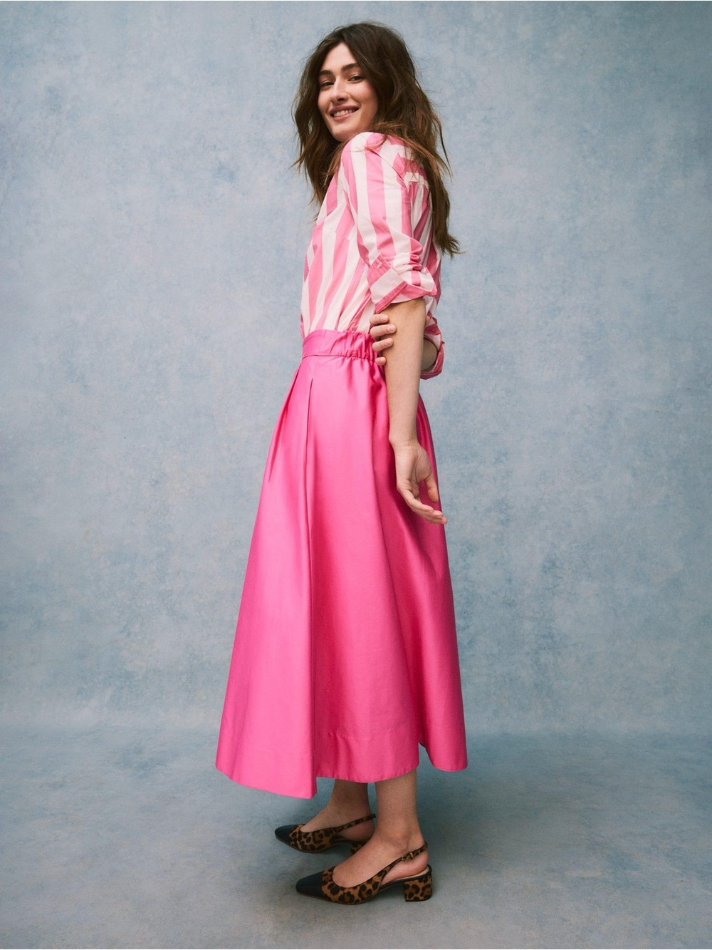 NWT BODEN Isabella Sateen Midi Skirt 12R Bubblegum Pink Pull-On Waist Pockets